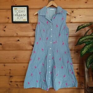 Chloe + Rene Pink Flamingo Striped Belted Button Up Shirt Dress Fit Flare Sz Med